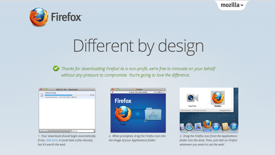 Firefox's download page walks the user through installation steps