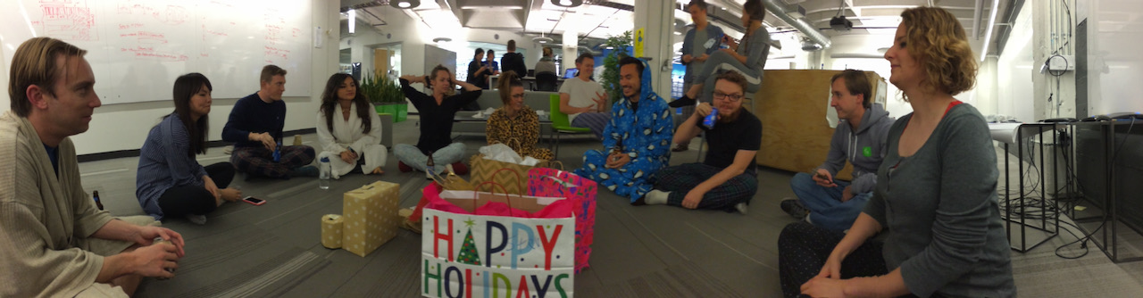 Us dressed in our PJs, exchanging gifts with each other