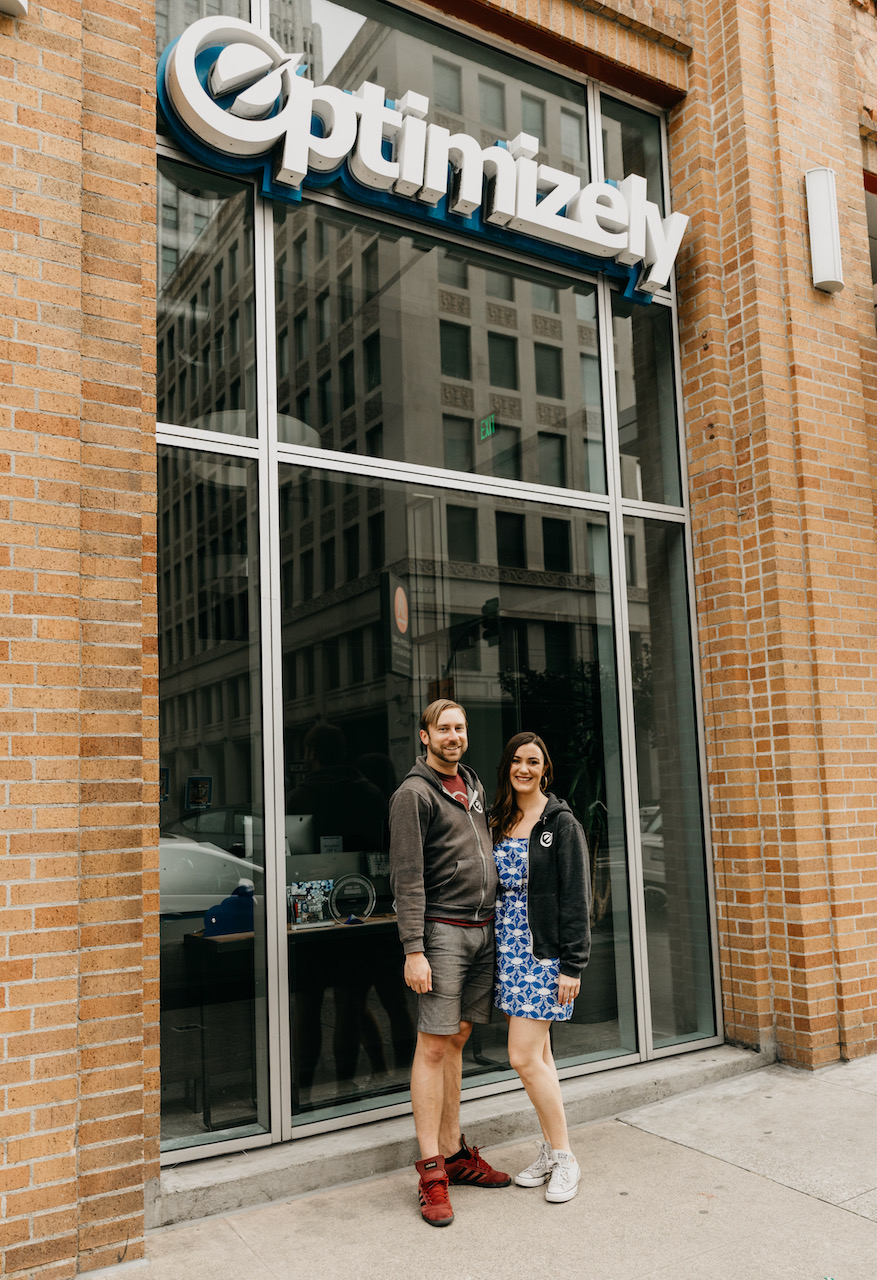 My wife and I in front of the new Optimizely office