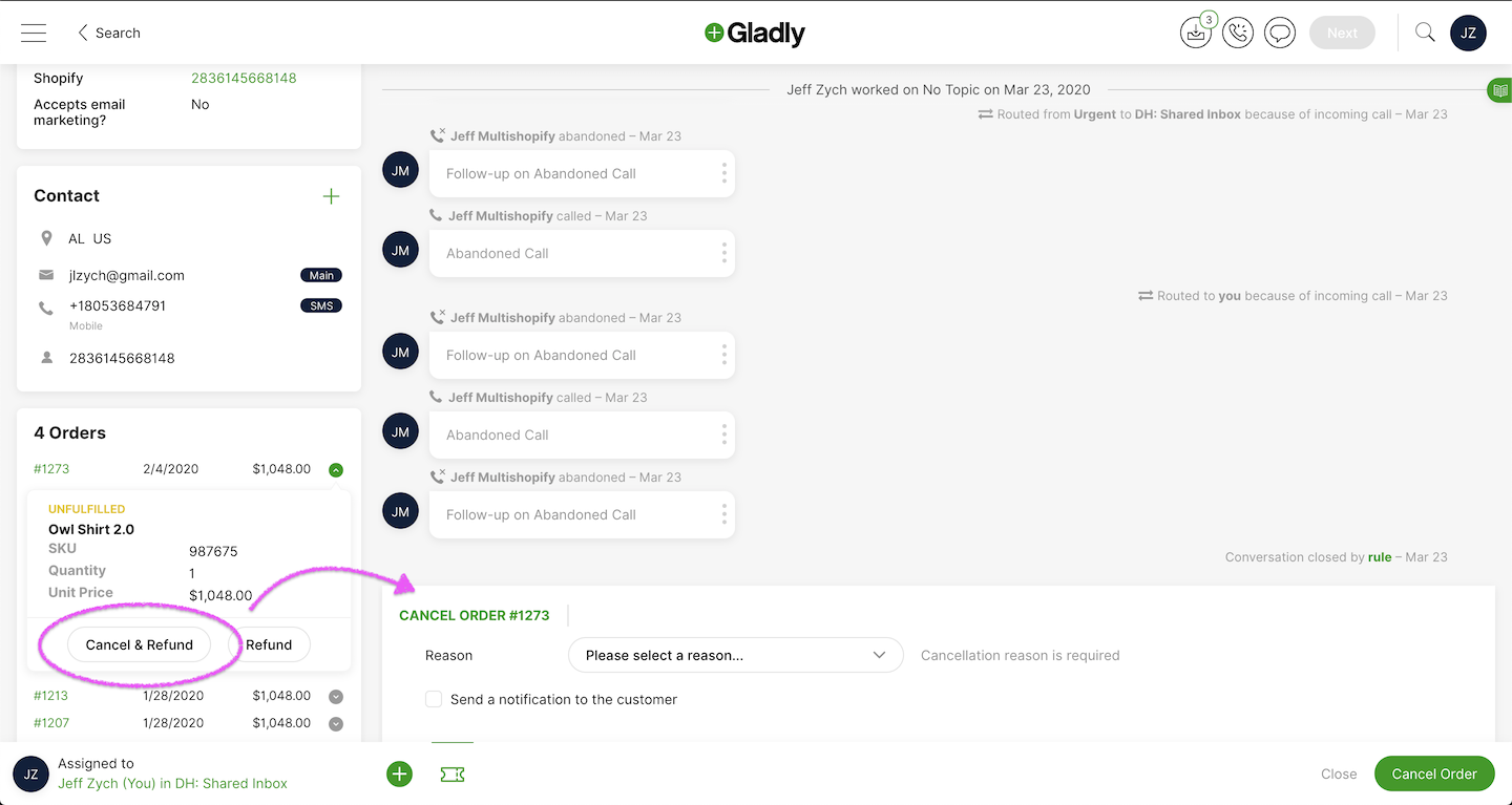 Screenshot of final agent experience for cancelling and refunding orders within Gladly