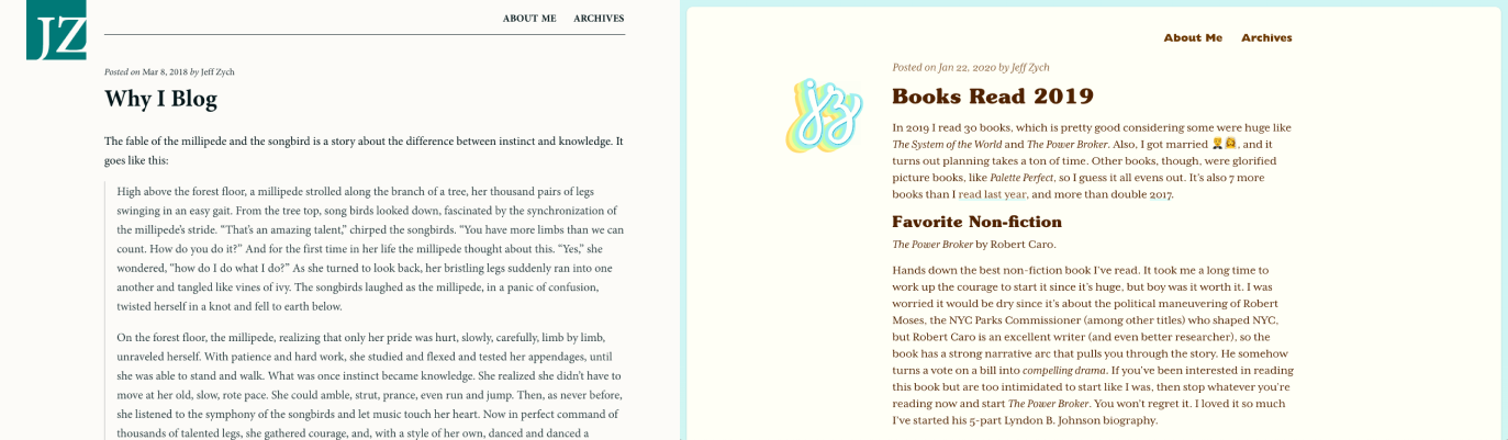 Screenshot of my site before and after the redesign