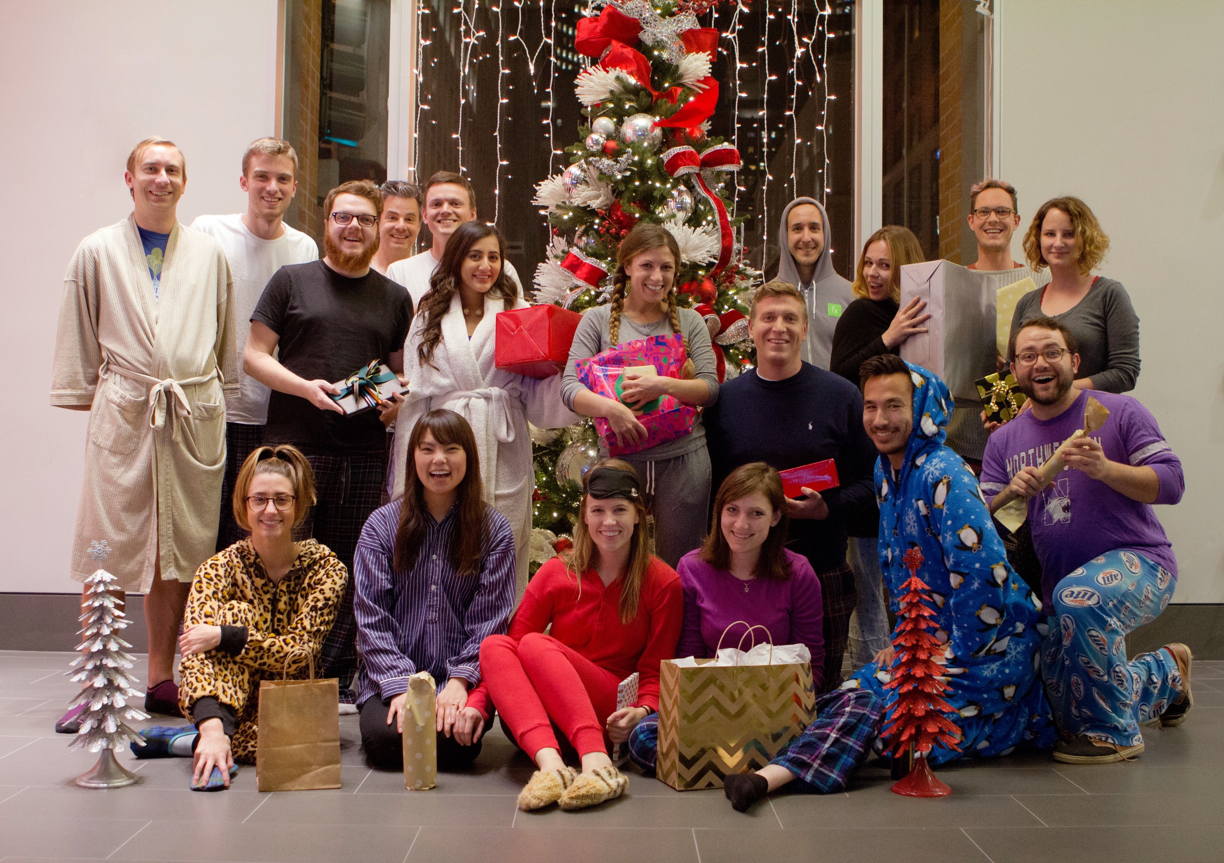 Our team's holiday photo, right after the PJ gift exchange