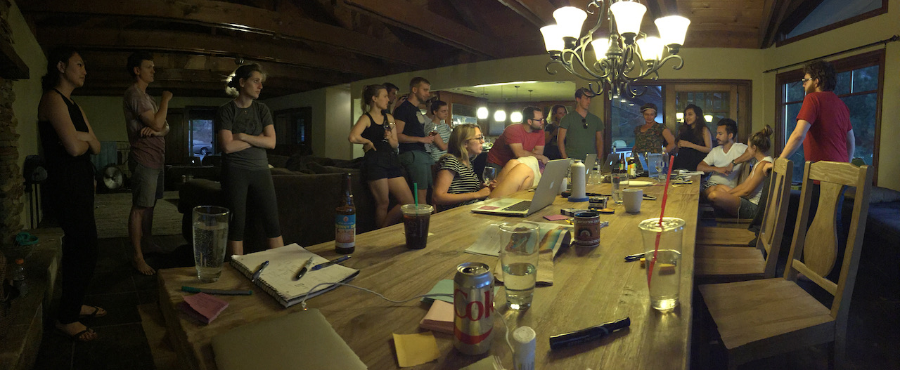 The team gathered around the table at our cabin in Tahoe