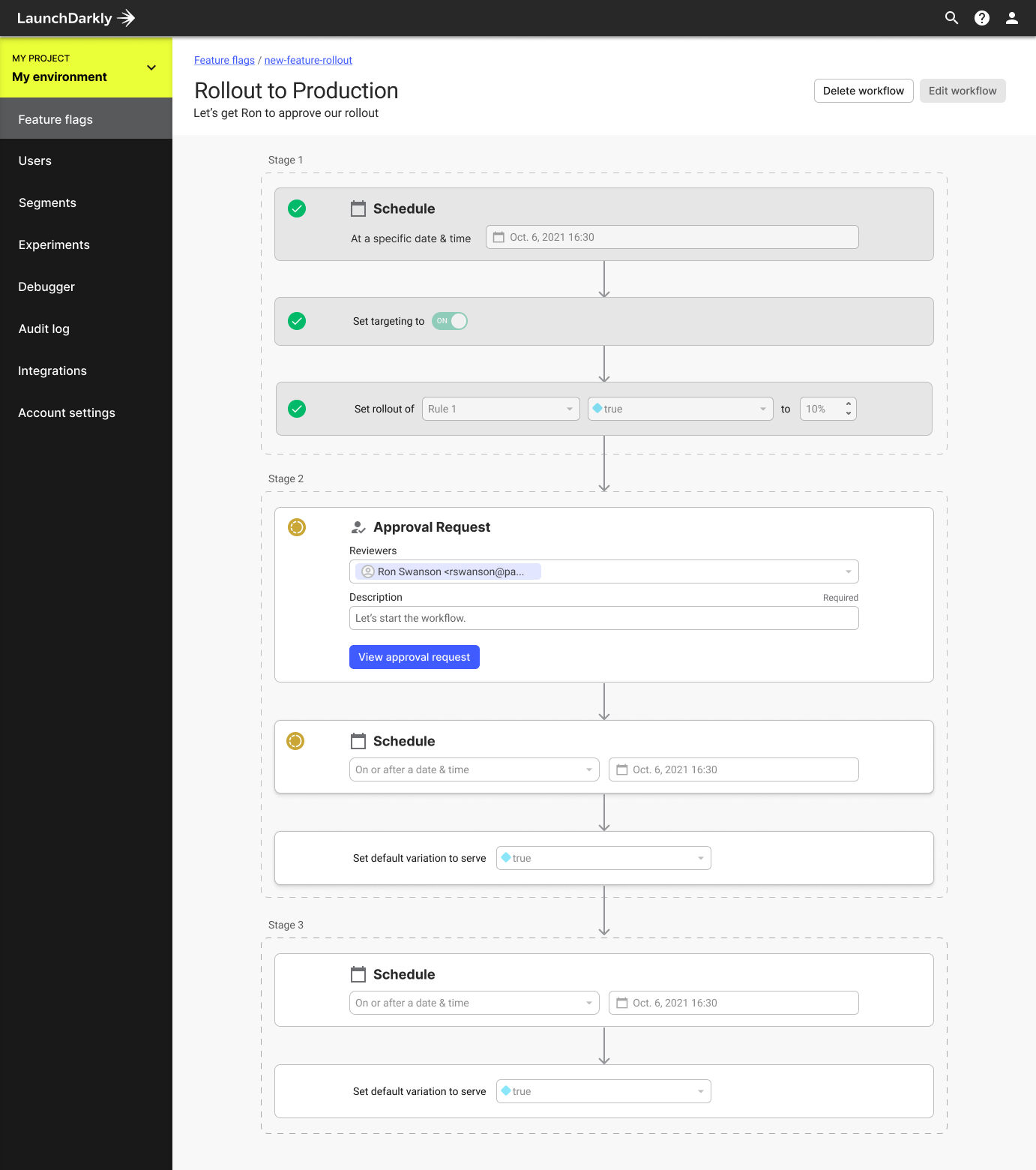 LaunchDarkly’s workflow builder, circa 2021 (worked on in collaboration with other designers & PMs).